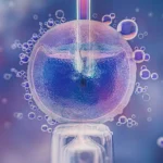 3D illustration of an egg freezing and IVF procedure showing a microscopic injection into a human egg cell in a futuristic laboratory setting.