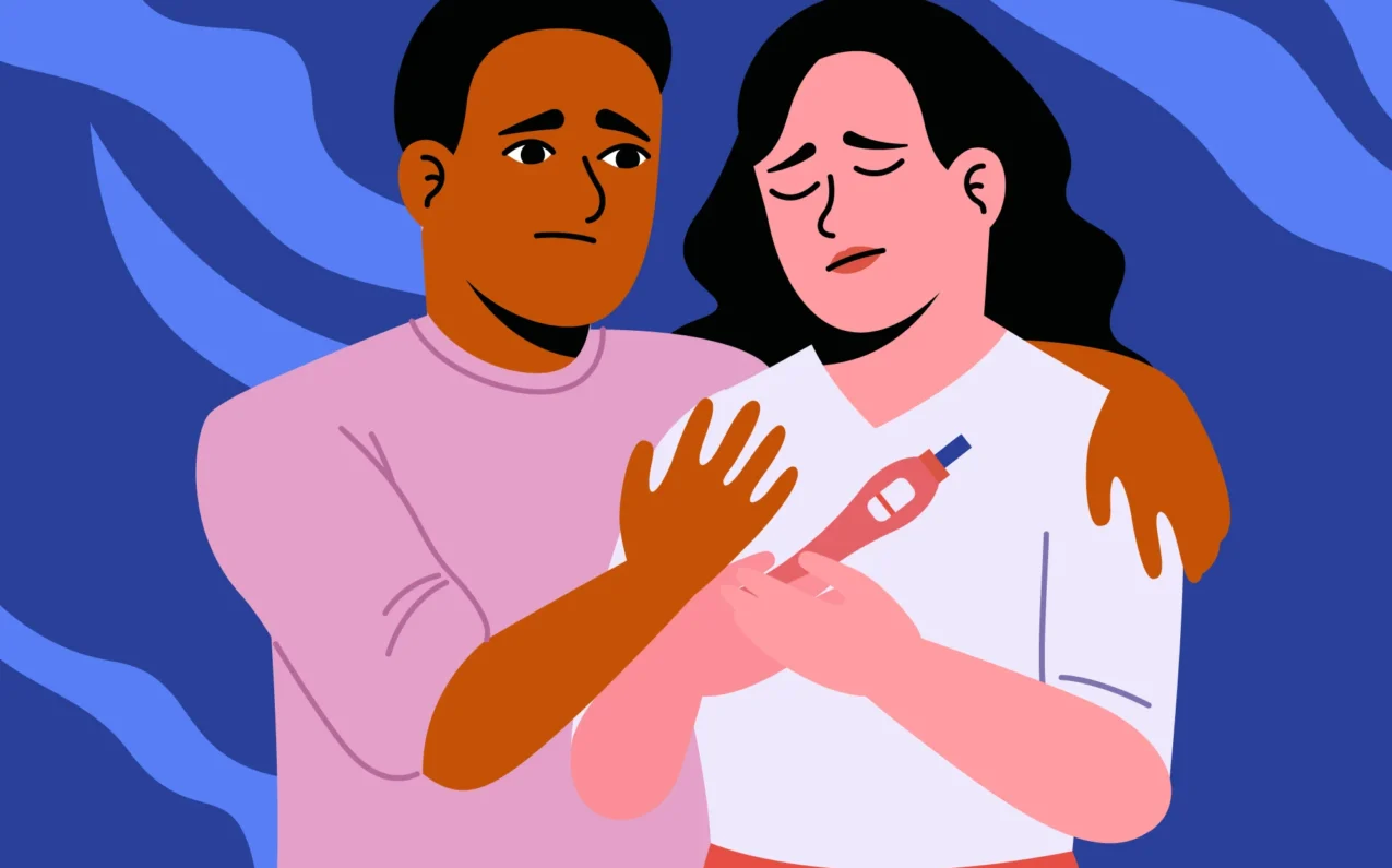 Male infertility causes illustration showing a couple with a positive pregnancy test and fertility concerns