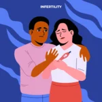 Male infertility causes illustration showing a couple with a positive pregnancy test and fertility concerns