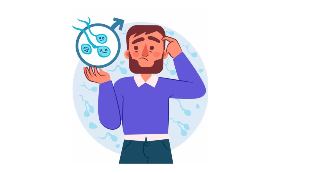 Illustration of male infertility showing unhealthy sperm and a concerned man with low sperm count