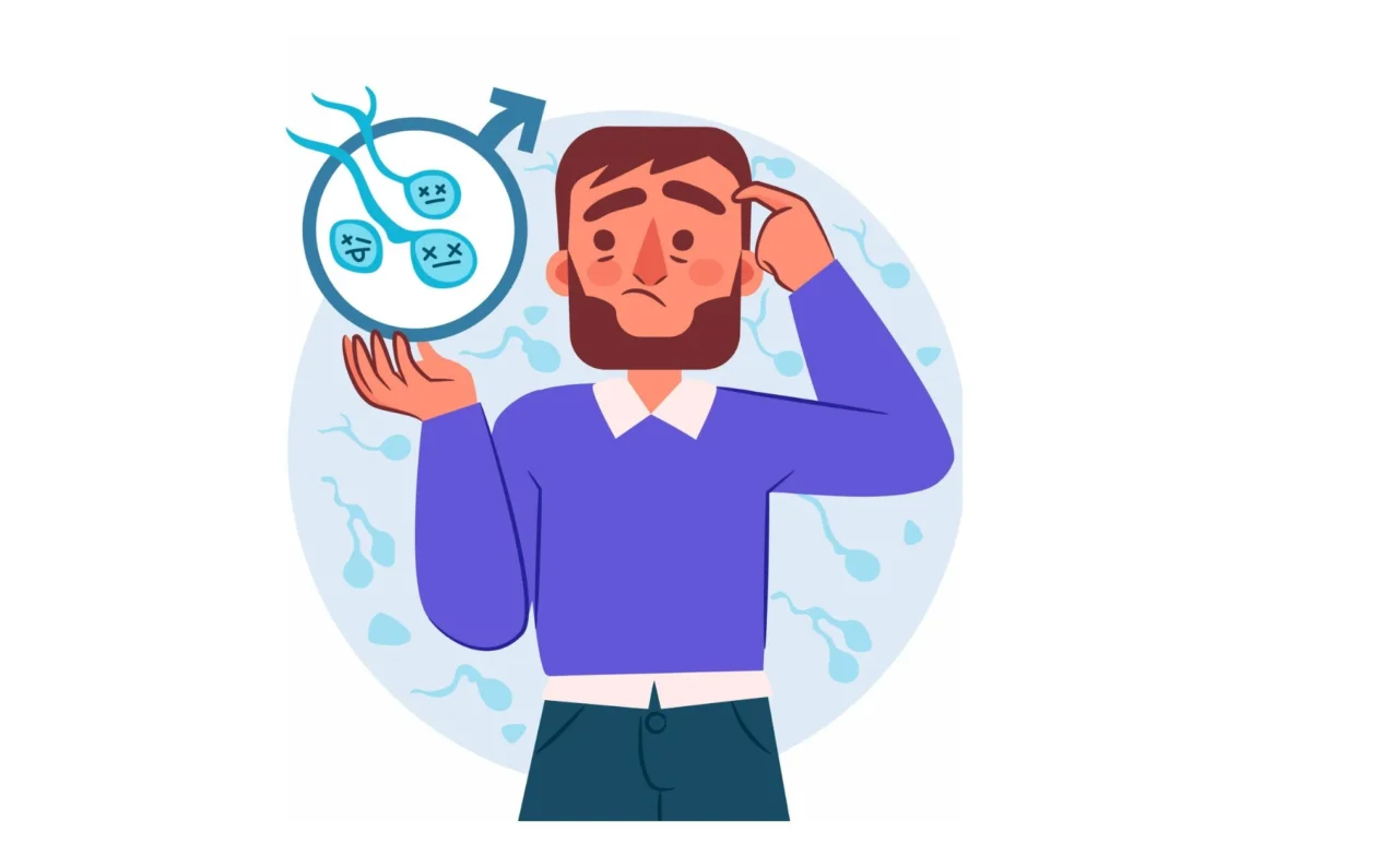 Illustration of male infertility showing unhealthy sperm and a concerned man with low sperm count