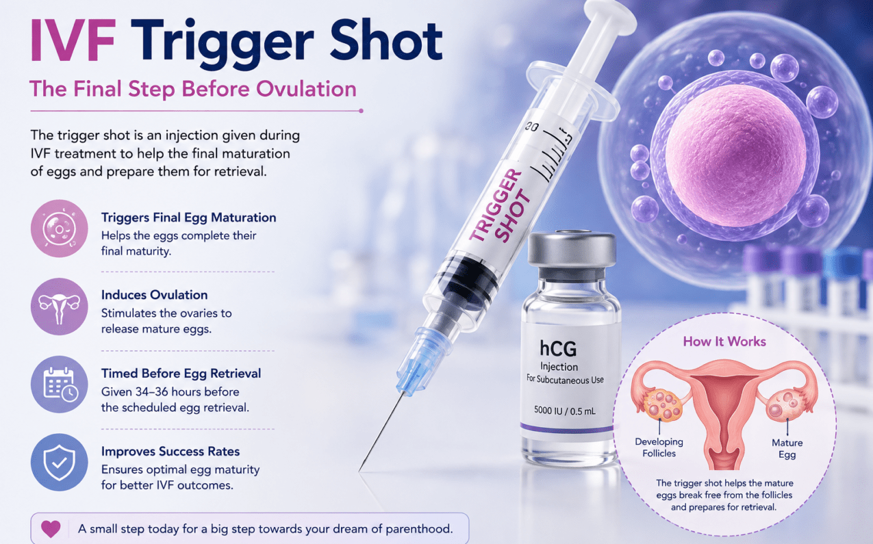 IVF trigger shot injection with hCG vial and illustration showing final egg maturation before egg retrieval