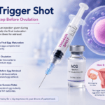 IVF trigger shot injection with hCG vial and illustration showing final egg maturation before egg retrieval