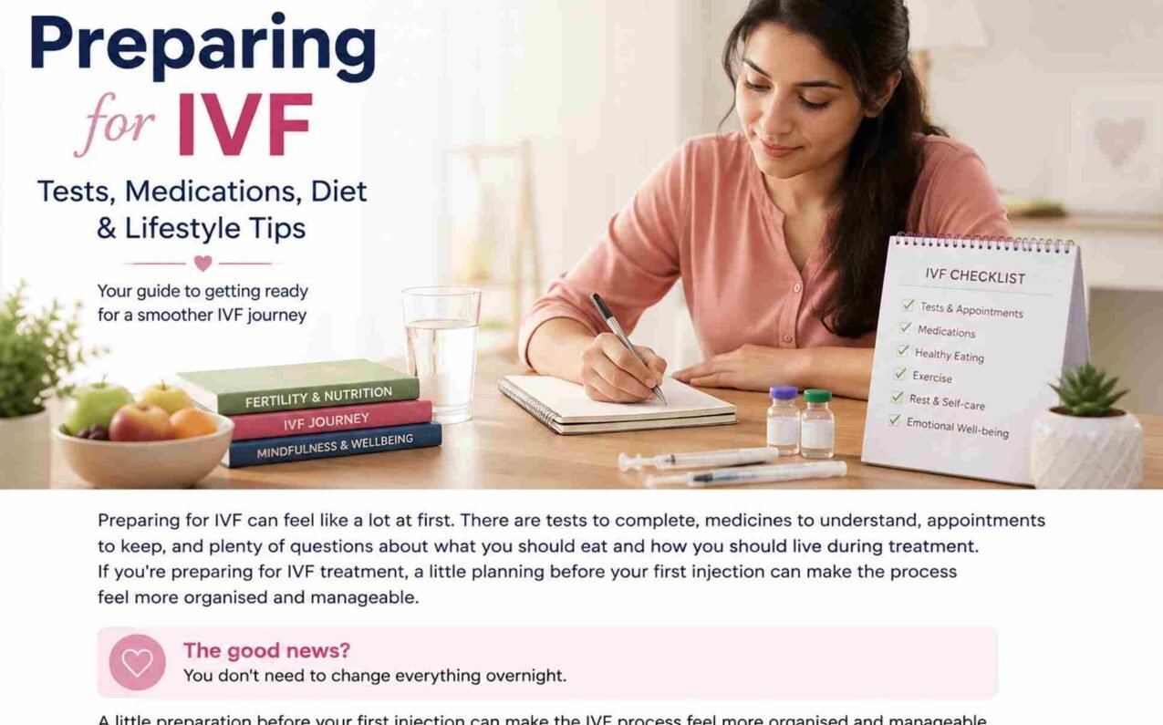 Preparing for IVF with fertility consultation, medications, healthy diet, exercise, and treatment planning