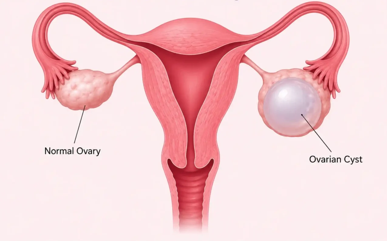 Medical illustration of the female reproductive system showing a normal ovary and an ovary with an ovarian cyst.