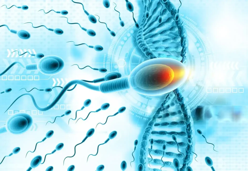 Illustration of sperm cells swimming around a human sperm cell in front of a DNA double helix, symbolizing fertility, genetics, and reproduction.