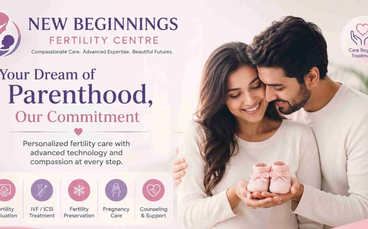 A soft pastel promotional banner for New Beginnings Fertility Centre, featuring a smiling couple lovingly holding pink baby booties. The design highlights personalized fertility care, IVF/ICSI treatment, fertility preservation, pregnancy care, and counseling and support.
