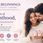 A soft pastel promotional banner for New Beginnings Fertility Centre, featuring a smiling couple lovingly holding pink baby booties. The design highlights personalized fertility care, IVF/ICSI treatment, fertility preservation, pregnancy care, and counseling and support.