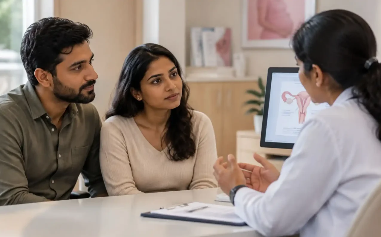Couple consulting a fertility specialist during a reproductive health consultation