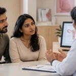 Couple consulting a fertility specialist during a reproductive health consultation