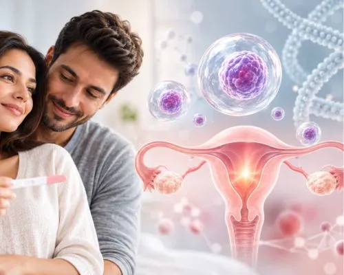 Stem cell therapy for infertility, featuring a couple and a medical illustration of the female reproductive system.